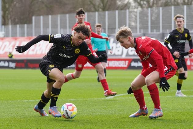 Saturday, 11 03 2023 Season 2022 2023 15 Matchday A Junior Bundesliga at Ulrich Haberland Stadion, Leverkusen, Germany SV Bayer Leverkusen U19 BV Borussia Dortmund U19 Rafael Lubach Borussia Dortmund U19 15
