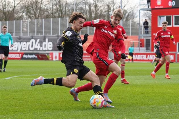Saturday, 11 03 2023 Season 2022 2023 15 Matchday A Junior Bundesliga at Ulrich Haberland Stadion, Leverkusen, Germany SV Bayer Leverkusen U19 BV Borussia Dortmund U19 Rafael Lubach Borussia Dortmund U19 15