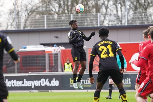 Saturday, 11 03 2023 Season 2022 2023 15 Matchday A Junior Bundesliga at Ulrich Haberland Stadion, Leverkusen, Germany SV Bayer Leverkusen U19 BV Borussia Dortmund U19 Samuel Bamba Borussia Dortmund U19 10