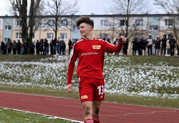 Football, U 17, season 2022 23, B Junioren Bundesliga, Staffel Nord Nordost 17 matchday , 1 FC Union Berlin Hertha BSC, Julien Friedrich U17, 1 FC Union , cheering after goal to 2 1, 11 03 2023, Copyright: xMatthiasxKochx