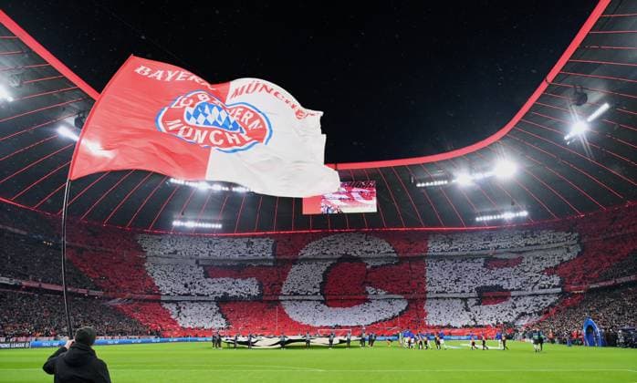 FOOTBALL CHAMPIONS LEAGUE SEASON 2022 2023 Round of 16 second leg FC Bayern Muenchen Paris Saint Germain 08 03 2023 FC Bayern Muenchen fans in the south curve of the Allianz Arena with a chore, FCB