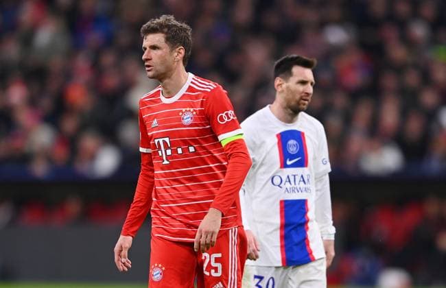 FOOTBALL CHAMPIONS LEAGUE SEASON 2022 2023 Round of 16 second leg FC Bayern Muenchen Paris Saint Germain 08 03 2023 Thomas Mueller left, FC Bayern Muenchen and Lionel Messi right, Paris Saint Germain