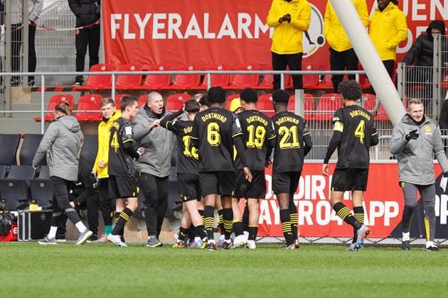 Saturday, 11 03 2023 Season 2022 2023 15 Matchday A Junioren Bundesliga at Ulrich Haberland Stadion, Leverkusen, Germany SV Bayer Leverkusen U19 BV Borussia Dortmund U19 Cheering after the 1 2 by Vincenzo Onofrietti Borussia Dortmund U19 23