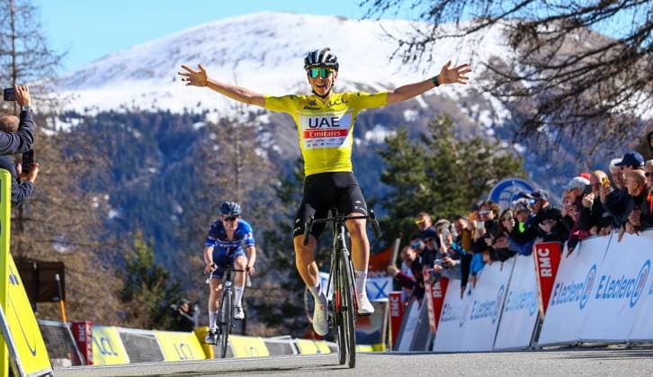 Bilder des Jahres 2023, Sport 03 März Sport Themen der Woche KW10 Sport Bilder des Tages Slovenian Tadej Pogacar of UAE Team Emirates celebrates as he crosses the finish line to win stage 7 of the 81st edition of the Paris-Nice eight days cycling race, 142,9km from Nice to Col de la Couillole, France, Saturday 11 March 2023. DAVIDxPINTENS  x62529308x