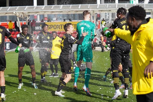 Saturday, 11 03 2023 Season 2022 2023 15 Matchday A Junior Bundesliga at Ulrich Haberland Stadion, Leverkusen, Germany SV Bayer Leverkusen U19 BV Borussia Dortmund U19 jubilation after winning the West German championship.