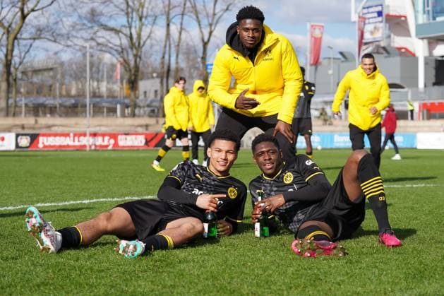 Saturday, 11 03 2023 Season 2022 2023 15 Matchday A Junior Bundesliga at Ulrich Haberland Stadion, Leverkusen, Germany SV Bayer Leverkusen U19 BV Borussia Dortmund U19 jubilation after winning the West German championship.