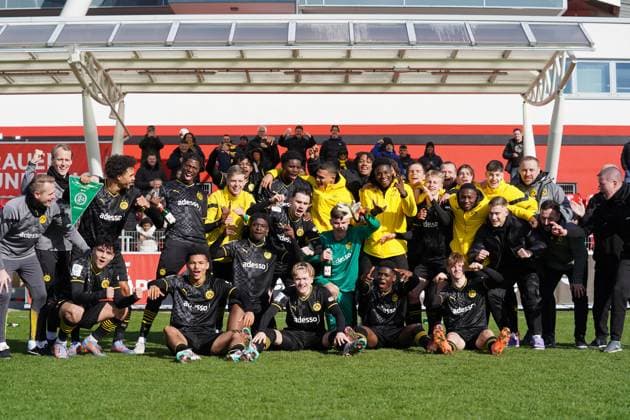 Saturday, 11 03 2023 Season 2022 2023 15 Matchday A Junior Bundesliga at Ulrich Haberland Stadion, Leverkusen, Germany SV Bayer Leverkusen U19 BV Borussia Dortmund U19 jubilation after winning the West German championship.