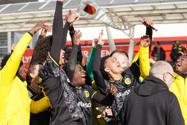 Saturday, 11 03 2023 Season 2022 2023 15 Matchday A Junior Bundesliga at Ulrich Haberland Stadion, Leverkusen, Germany SV Bayer Leverkusen U19 BV Borussia Dortmund U19 jubilation after winning the West German championship.