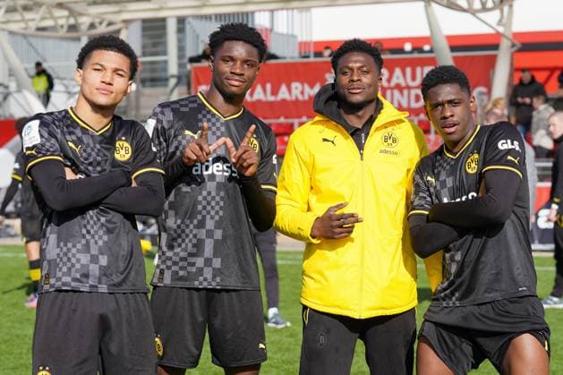 Saturday, 11 03 2023 Season 2022 2023 15 Matchday A Junior Bundesliga at Ulrich Haberland Stadion, Leverkusen, Germany SV Bayer Leverkusen U19 BV Borussia Dortmund U19 jubilation after winning the West German championship.
