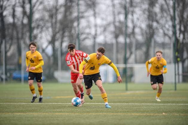 Dresdens Jonas Saliger U19 right in a duel SG Dynamo Dresden U19 1 FC Union Berlin soccer season 2022 2023 Sportpark Ostra Dresden 11 March 2023