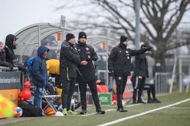 Dresden head coach Willy Weiße Weisse right with co-trainer Heiko Plischke SG Dynamo Dresden U19 1 FC Union Berlin soccer season 2022 2023 Sportpark Ostra Dresden 11 March 2023