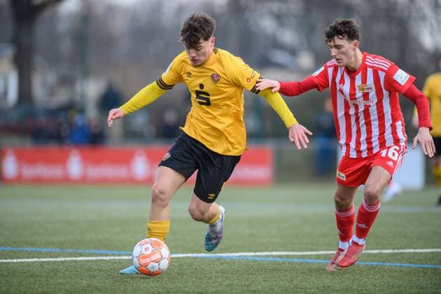 Dresdens Nik Orth on the ball SG Dynamo Dresden U19 1 FC Union Berlin Football season 2022 2023 Sportpark Ostra Dresden 11 March 2023