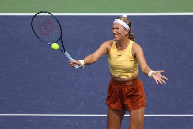 INDIAN WELLS, CA - MARCH 11: Victoria Azarenka hits a volley during the BNP Paribas Open on March 11, 2023 at the Indian Wells Tennis Garden in Indian Wells, CA. (Photo by George Walker Icon Sportswire) TENNIS: MAR 11 BNP Paribas Open Icon230311001