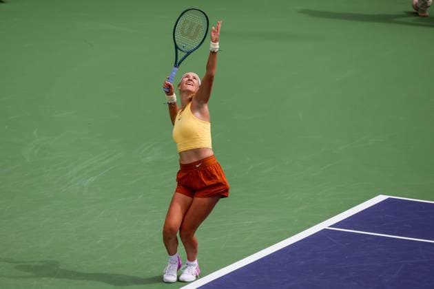 INDIAN WELLS, CA - MARCH 11: Victoria Azarenka serves during the BNP Paribas Open on March 11, 2023 at the Indian Wells Tennis Garden in Indian Wells, CA. (Photo by George Walker Icon Sportswire) TENNIS: MAR 11 BNP Paribas Open Icon230311009