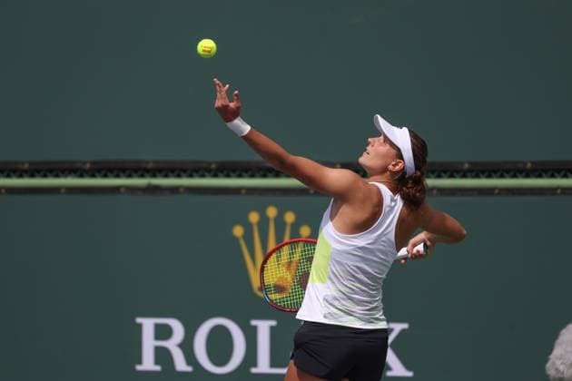 INDIAN WELLS, CA - MARCH 11: Varvara Gracheva serves during the BNP Paribas Open on March 11, 2023 at the Indian Wells Tennis Garden in Indian Wells, CA. (Photo by George Walker Icon Sportswire) TENNIS: MAR 11 BNP Paribas Open Icon230311021