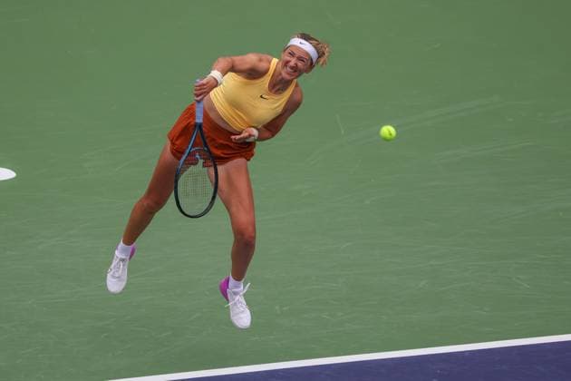 INDIAN WELLS, CA - MARCH 11: Victoria Azarenka serves during the BNP Paribas Open on March 11, 2023 at the Indian Wells Tennis Garden in Indian Wells, CA. (Photo by George Walker Icon Sportswire) TENNIS: MAR 11 BNP Paribas Open Icon230311031