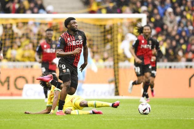 Terem Moffi (Nice) vs Samuel Moutoussamy (Nantes) FOOTBALL : Nantes vs Nice - Ligue1 - 12 03 2023 JBAutissier Panoramic 