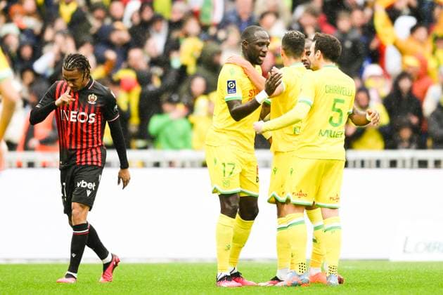 joie des joueurs de Nantes apres le but de Moussa Sissoko (Nantes) FOOTBALL : Nantes vs Nice - Ligue1 - 12 03 2023 JBAutissier Panoramic 