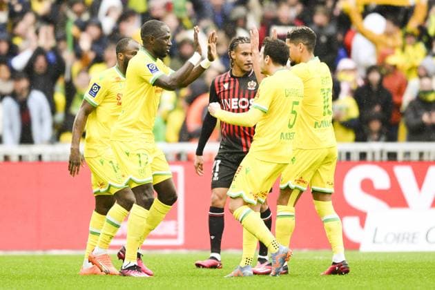 joie des joueurs de Nantes apres le but de Moussa Sissoko (Nantes) FOOTBALL : Nantes vs Nice - Ligue1 - 12 03 2023 JBAutissier Panoramic 