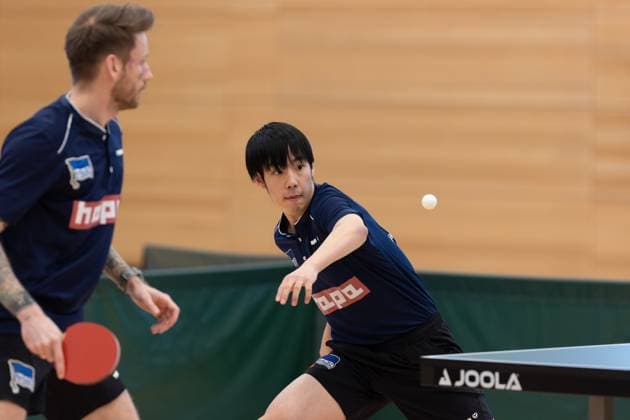 v l Jakub Kosowski Hertha BSC Berlin , Yuta Iimura Hertha BSC Berlin Passau Bavaria Germany Table Tennis Men, 2 Bundesliga, Season 2022 2023 on 12 03 2023 in the New Multipurpose Hall TTC Fortuna Passau vs Hertha BSC Berlin
