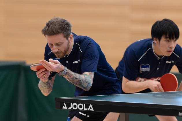 v l Jakub Kosowski Hertha BSC Berlin , Yuta Iimura Hertha BSC Berlin Passau Bavaria Germany Table Tennis Men, 2 Bundesliga, Season 2022 2023 on 12 03 2023 in the New Multipurpose Hall TTC Fortuna Passau vs Hertha BSC Berlin