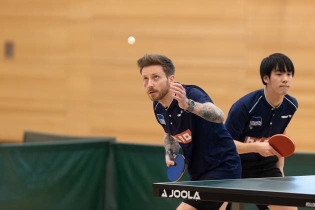 v l Jakub Kosowski Hertha BSC Berlin , Yuta Iimura Hertha BSC Berlin Passau Bavaria Germany Table Tennis Men, 2 Bundesliga, Season 2022 2023 on 12 03 2023 in the New Multipurpose Hall TTC Fortuna Passau vs Hertha BSC Berlin