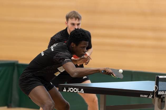 v l John Oyebode TTC Fortuna Passau , Daniel Rinderer TTC Fortuna Passau Passau Bavaria Germany Table Tennis Men, 2 Bundesliga, Season 2022 2023 on 12 03 2023 in the New Multipurpose Hall TTC Fortuna Passau vs Hertha BSC Berlin