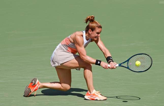 March 12, 2023 Maria Sakkari of Greece returns a shot against Anhelina Kalinina of Ukraine during the 2023 BNP Paribas Open at Indian Wells Tennis Garden in Indian Wells, California. Mandatory Photo Credit: CSM Indian Wells United States of America - ZUMAc04_ 20230312_zaf_c04_042 Copyright: xCharlesxBausx