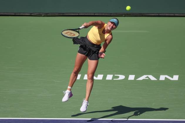 INDIAN WELLS, CA - MARCH 12: Anastasia Potapova serves during the BNP Paribas Open on March 12, 2023 at the Indian Wells Tennis Garden in Indian Wells, CA. (Photo by George Walker Icon Sportswire) TENNIS: MAR 12 BNP Paribas Open Icon230312049