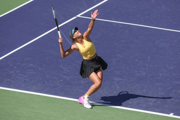 INDIAN WELLS, CA - MARCH 12: Anastasia Potapova serves during the BNP Paribas Open on March 12, 2023 at the Indian Wells Tennis Garden in Indian Wells, CA. (Photo by George Walker Icon Sportswire) TENNIS: MAR 12 BNP Paribas Open Icon230312054