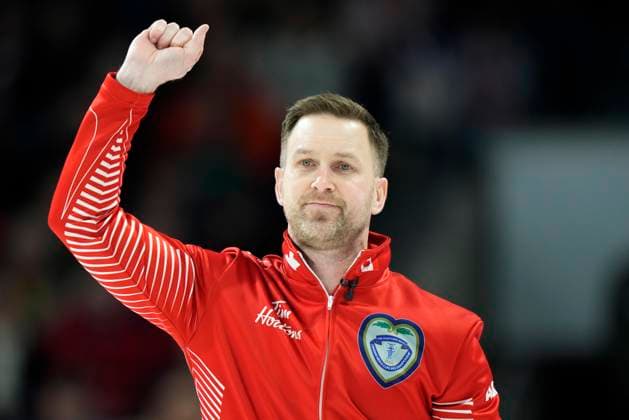 March 12, 2023, London, ON, Canada: Team Canada s Brad Gushue reacts after making a three against Team Manitoba in the eighth end during the finals at the 2023 Tim Hortons Brier in London, Ont., Sunday, March 12, 2023. Canada News - March 12, 2023  - ZUMAc35_ 20230312_zaf_c35_020 Copyright: xFrankxGunnx