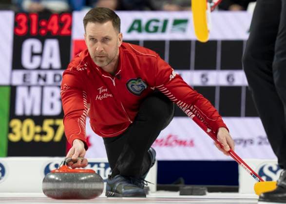 March 12, 2023, London, ON, Canada: Canada skip Brad Gushue delivers a rock against Manitoba s Matt Dunstone in the final at the 2023 Tim Hortons Brier in London, Ont. on Sunday March 12, 2023. Canada News - March 12, 2023  - ZUMAc35_ 20230312_zaf_c35_017 Copyright: xFrankxGunnx