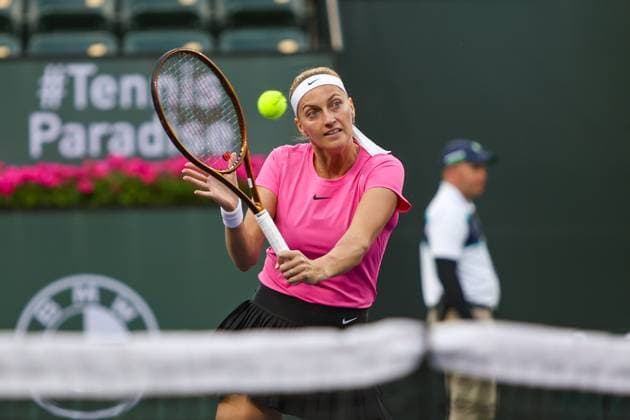 INDIAN WELLS, CA - MARCH 12: Petra Kvitova (CZE) hits a volley during the BNP Paribas Open on March 12, 2023 at the Indian Wells Tennis Garden in Indian Wells, CA. (Photo by George Walker Icon Sportswire) TENNIS: MAR 12 BNP Paribas Open Icon230312107