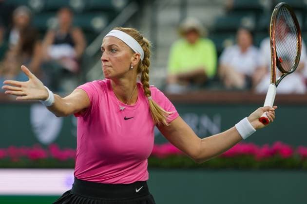 INDIAN WELLS, CA - MARCH 12: Petra Kvitova (CZE) hits a forehand during the BNP Paribas Open on March 12, 2023 at the Indian Wells Tennis Garden in Indian Wells, CA. (Photo by George Walker Icon Sportswire) TENNIS: MAR 12 BNP Paribas Open Icon230312111
