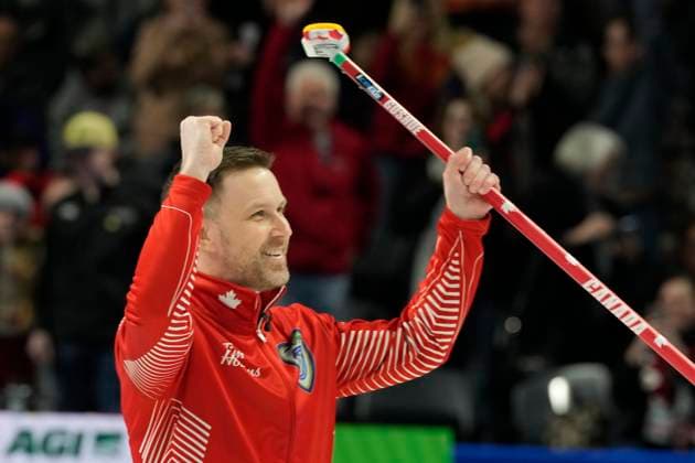 March 12, 2023, London, ON, Canada: Team Canada skip Brad Gushue celebrates defeating Team Manitoba in the finals of the 2023 Tim Hortons Brier in London, Ont., Sunday, March 12, 2023. Canada News - March 12, 2023  - ZUMAc35_ 20230312_zaf_c35_032 Copyright: xFrankxGunnx