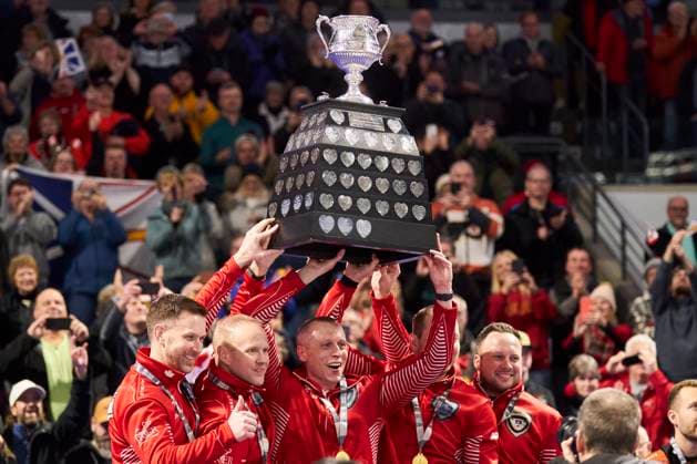 March 12, 2023, London, Ontario, Canada: Brad Gushue s Team Canada celebrates their victory in the final against Matt Dunstone s Team Manitoba at the 2023 Tim Hortons Brier in London, Ontario on Sunday, March 12, 2023. Canada News - March 12, 2023  - ZUMAc35_ 20230312_zaf_c35_038 Copyright: xGeoffxRobinsx