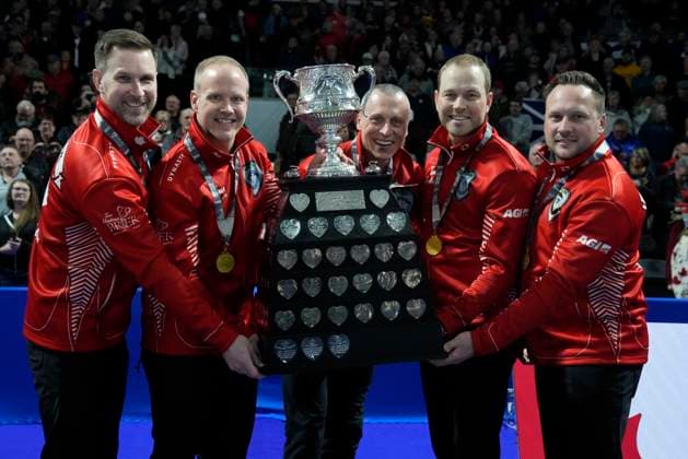 March 12, 2023, London, ON, Canada: Team Canada skip Brad Gushue, left to right, celebrates with teammates Mark Nichols, EJ Harnden, Geoff Walker and Caleb Flaxey after defeating Team Manitoba in the finals of the 2023 Tim Hortons Brier in London, Ont., Sunday, March 12, 2023. It s Gushue s fifth Tim Hortons Brier crown in the last seven years. Canada News - March 12, 2023 - ZUMAc35_ 20230312_zaf_c35_039 Copyright: xFrankxGunnx