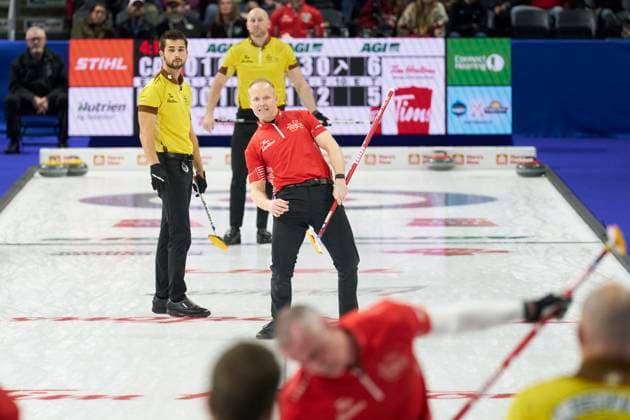 March 12, 2023, London, Ontario, Canada: Team Canada third Mark Nichols reacts to his shot during the final against Matt Dunstone s Team Manitoba the 2023 Tim Hortons Brier in London, Ontario on Sunday, March 12, 2023. Canada News - March 12, 2023  - ZUMAc35_ 20230312_zaf_c35_044 Copyright: xGeoffxRobinsx