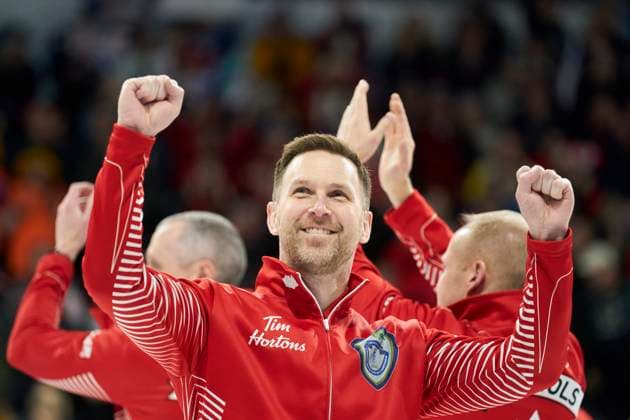 March 12, 2023, London, Ontario, Canada: Team Canada skip Brad Gushue celebrates his victory inthe final against Matt Dunstone s Team Manitoba at the 2023 Tim Hortons Brier in London, Ontario on Sunday, March 12, 2023. Canada News - March 12, 2023  - ZUMAc35_ 20230312_zaf_c35_045 Copyright: xGeoffxRobinsx