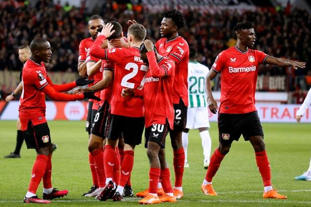 DEMIRBAY Kerem Team Bayer 04 Leverkusen cheers after his goal to 1 0 with TAH, DIABY and WIRTZ and TAPSOBA UEFA Europa League Season 2022 2023 Match Bayer 04 Leverkusen Ferencvaros TC 2 0 on 09 03 2023 in Leverkusen DFL REGULATES PROHIBIT ANY USE OF PHOTOGRAPHS as IMAGE SEQUENCES and or QUASI VIDEO Copyright: xLacixPerenyix