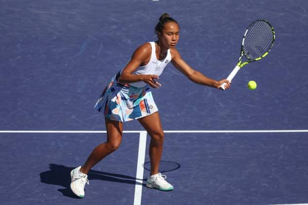 INDIAN WELLS, CA - MARCH 13: Leylah Fernandez (CAN) hits a volley during the BNP Paribas Open on March 13, 2023 at the Indian Wells Tennis Garden in Indian Wells, CA. (Photo by George Walker Icon Sportswire) TENNIS: MAR 13 BNP Paribas Open Icon230313003