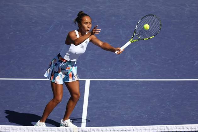 INDIAN WELLS, CA - MARCH 13: Leylah Fernandez (CAN) hits a volley during the BNP Paribas Open on March 13, 2023 at the Indian Wells Tennis Garden in Indian Wells, CA. (Photo by George Walker Icon Sportswire) TENNIS: MAR 13 BNP Paribas Open Icon230313004