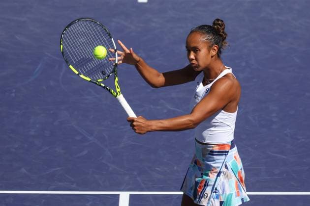 INDIAN WELLS, CA - MARCH 13: Leylah Fernandez (CAN) hits a volley during the BNP Paribas Open on March 13, 2023 at the Indian Wells Tennis Garden in Indian Wells, CA. (Photo by George Walker Icon Sportswire) TENNIS: MAR 13 BNP Paribas Open Icon230313005