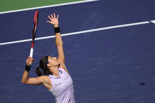 INDIAN WELLS, CA - MARCH 13: Caroline Garcia (FRA) serves during the BNP Paribas Open on March 13, 2023 at the Indian Wells Tennis Garden in Indian Wells, CA. (Photo by George Walker Icon Sportswire) TENNIS: MAR 13 BNP Paribas Open Icon230313009
