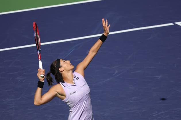 INDIAN WELLS, CA - MARCH 13: Caroline Garcia (FRA) serves during the BNP Paribas Open on March 13, 2023 at the Indian Wells Tennis Garden in Indian Wells, CA. (Photo by George Walker Icon Sportswire) TENNIS: MAR 13 BNP Paribas Open Icon230313010