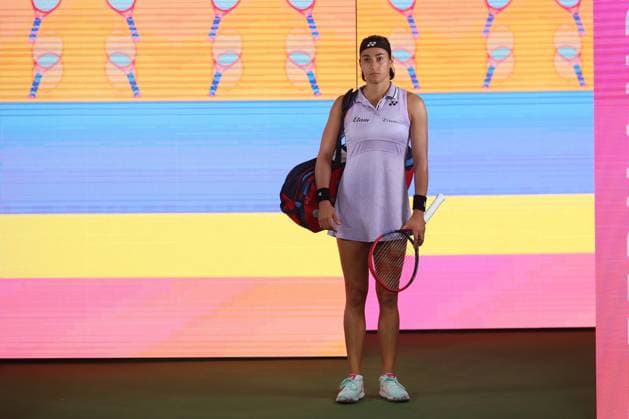 Caroline Garcia in action against Leilah Fernandez at the BNP Paribas Open at Indian Wells TENNIS : Indian Wells 2023 AntoineCouvercelle Panoramic 