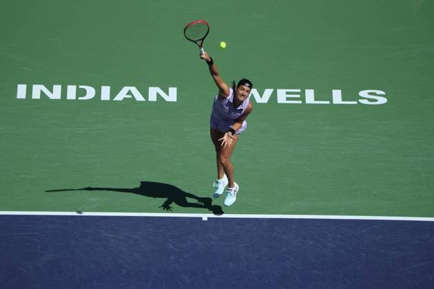 Sport Bilder des Tages Caroline Garcia in action against Leilah Fernandez at the BNP Paribas Open at Indian Wells TENNIS : Indian Wells 2023 AntoineCouvercelle Panoramic 