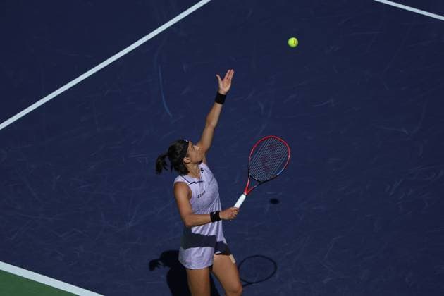 Caroline Garcia in action against Leilah Fernandez at the BNP Paribas Open at Indian Wells TENNIS : Indian Wells 2023 AntoineCouvercelle Panoramic 