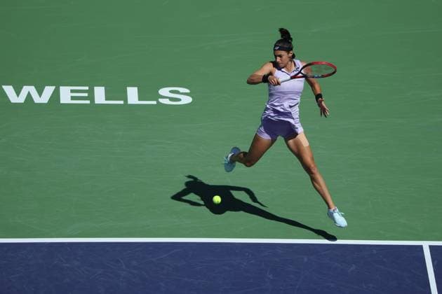 Caroline Garcia in action against Leilah Fernandez at the BNP Paribas Open at Indian Wells TENNIS : Indian Wells 2023 AntoineCouvercelle Panoramic 