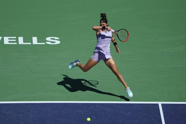 Caroline Garcia in action against Leilah Fernandez at the BNP Paribas Open at Indian Wells TENNIS : Indian Wells 2023 AntoineCouvercelle Panoramic 